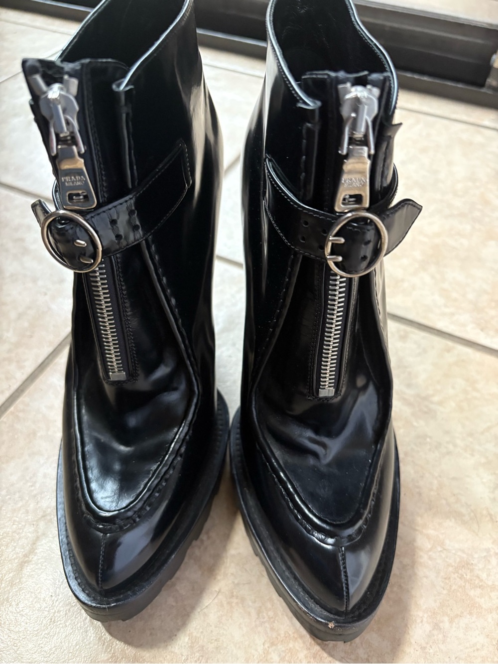 Prada Black Patent Leather Zip & Buckle Ankle Boots - Picture 9 of 9